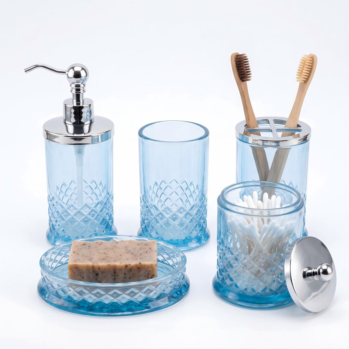 JKE Heavy Glass 5Pcs Amber Bathroom Set Accessories Vintage
