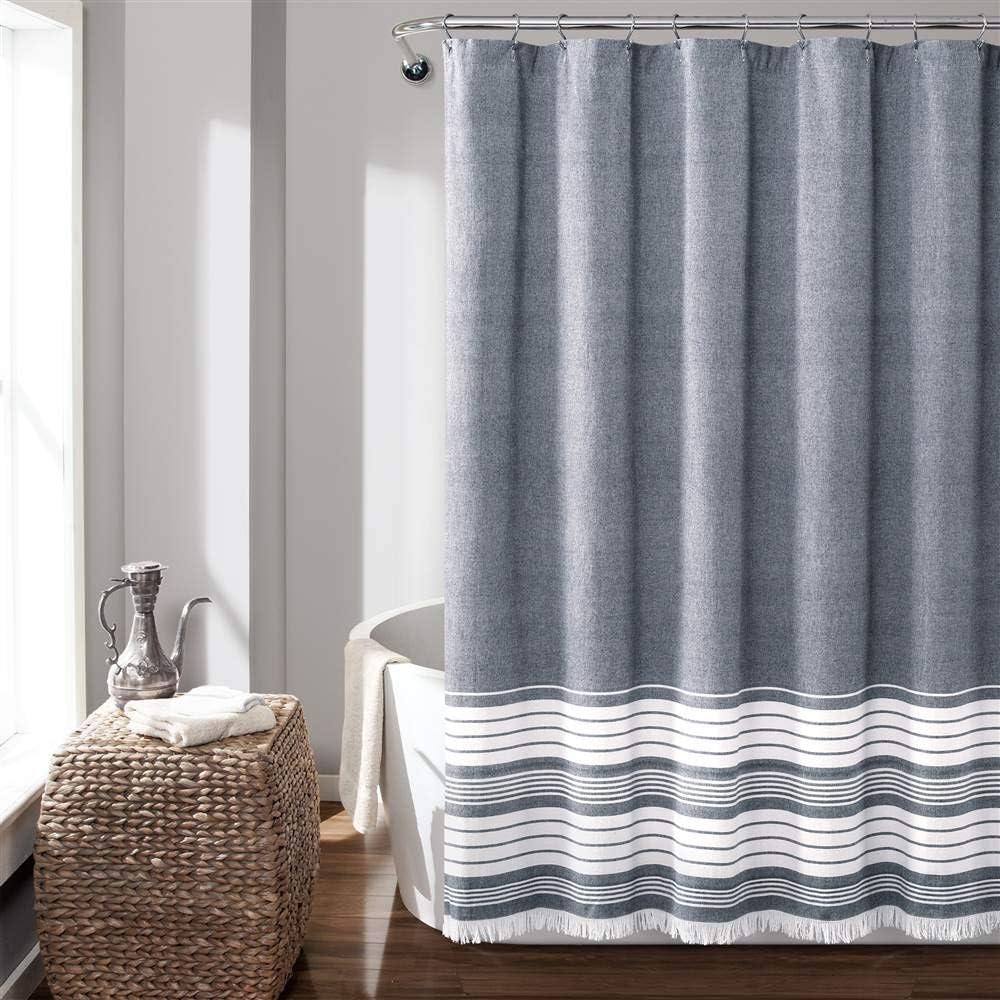 Lush Decor Nantucket Yarn Dyed Cotton Blend Tassel Fringe Shower Curtain Single 72" W x 72" L Navy - Blue Shower Curtains for Bathroom Curtain