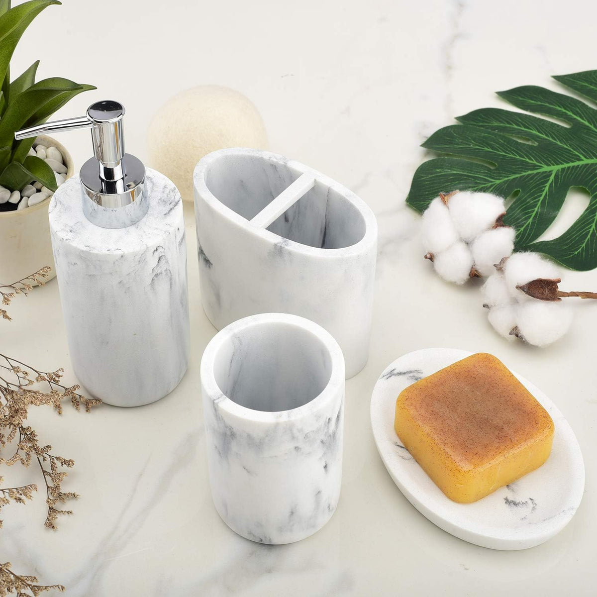 L'ARL GMVOI Bathroom Accessories Set,4 Pieces Marble Bathroom Vanity Countertop Accessory Set with Bathroom Toothbrush Holder Set,Soap Dispenser,Tumbler,Soap Dish for Bathroom Home Decor