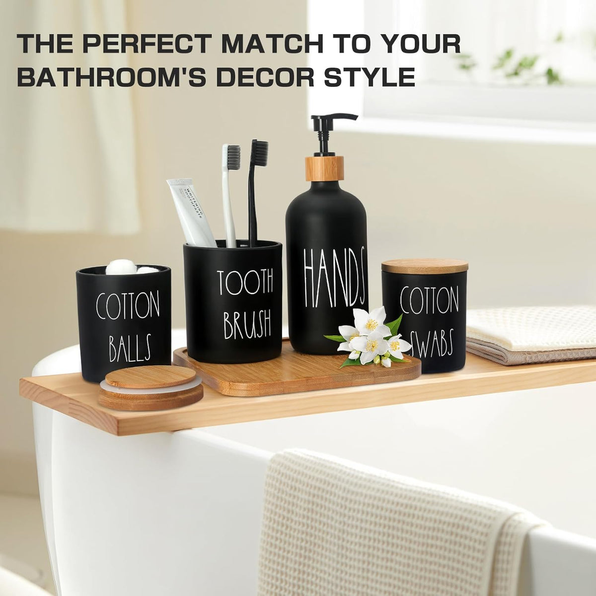 Matte Black Bathroom Accessories Set, 5 Pcs Glass Bathroom Accessory Set with Bamboo Tray, Soap Dispenser and Toothbrush Holder Set, Qtip Holder Set, Farmhouse Boho Bathroom Set Complete