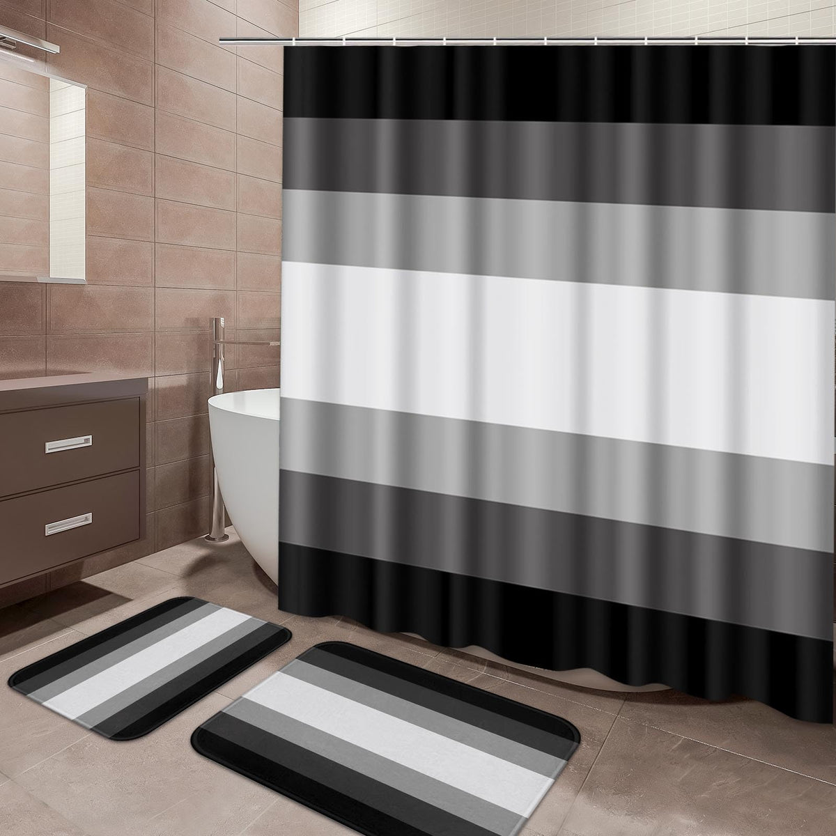 ArtSocket Bathroom Set of 3, Shower Curtain and Bath Rugs Beige Striped