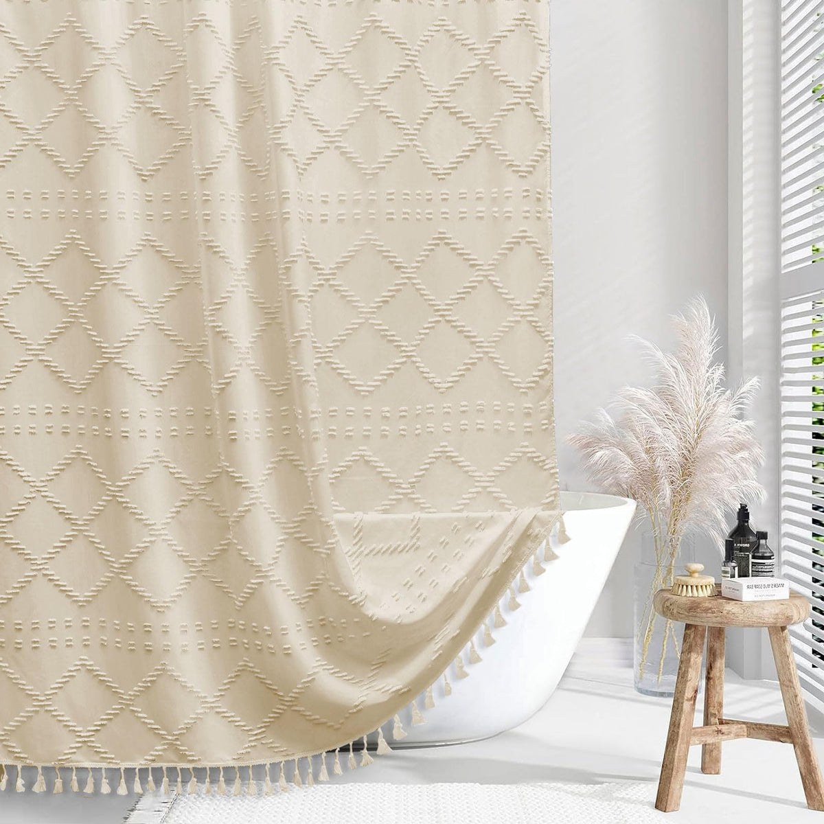 Siiluminisoy Sage Green Boho Shower Curtain Fabric Shower Curtain, 72 x 72 Tufted Chevron Textured Striped Modern Farmhouse Minimalist Cloth for Bathroom