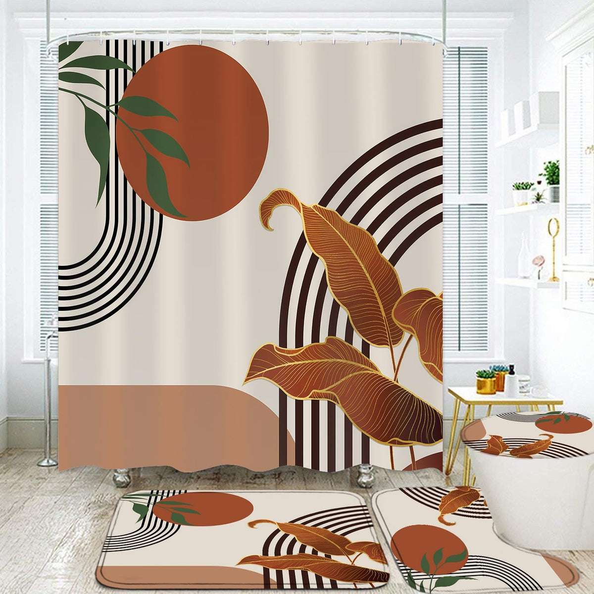 LQCOOL 4pcs Boho Shower Curtain Set with Rugs Green Leaf Bathroom Set