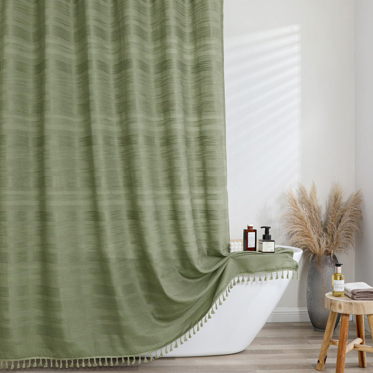 OVZME Extra Long Linen Shower Curtain - 84 Inch Long, Modern Farmhouse Heavy Duty Textured Soft Fabric, Rustic Country Boho Cloth Shower Curtain with Tassel for Bathroom Hotel, 72Wx84L Inches