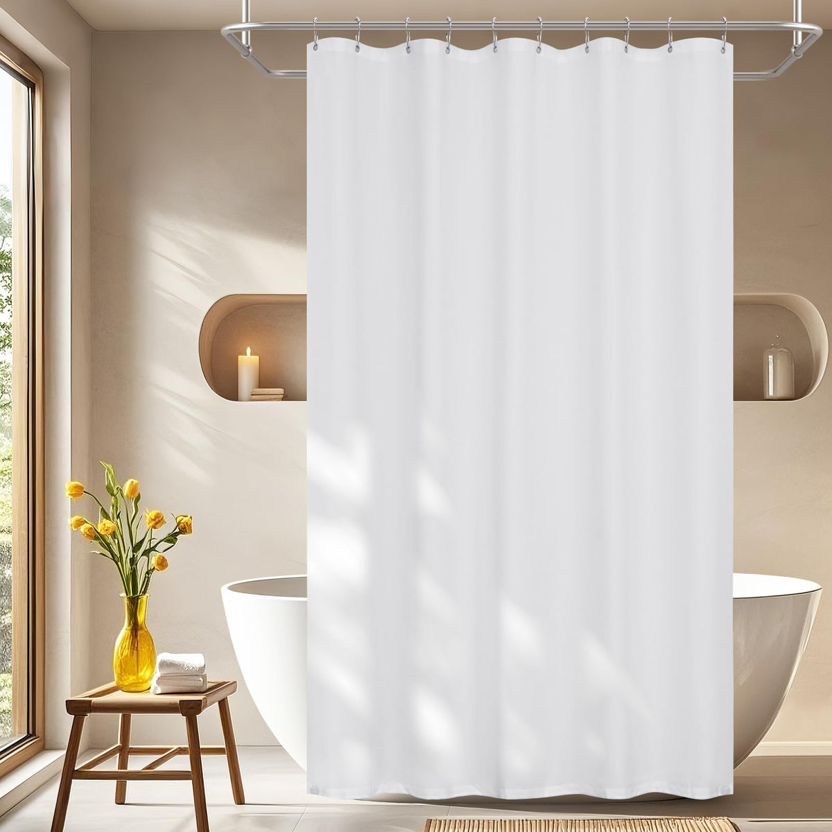 Seenus White Ruffle Shower Curtain with Waterproof TPU Backed Lightweight