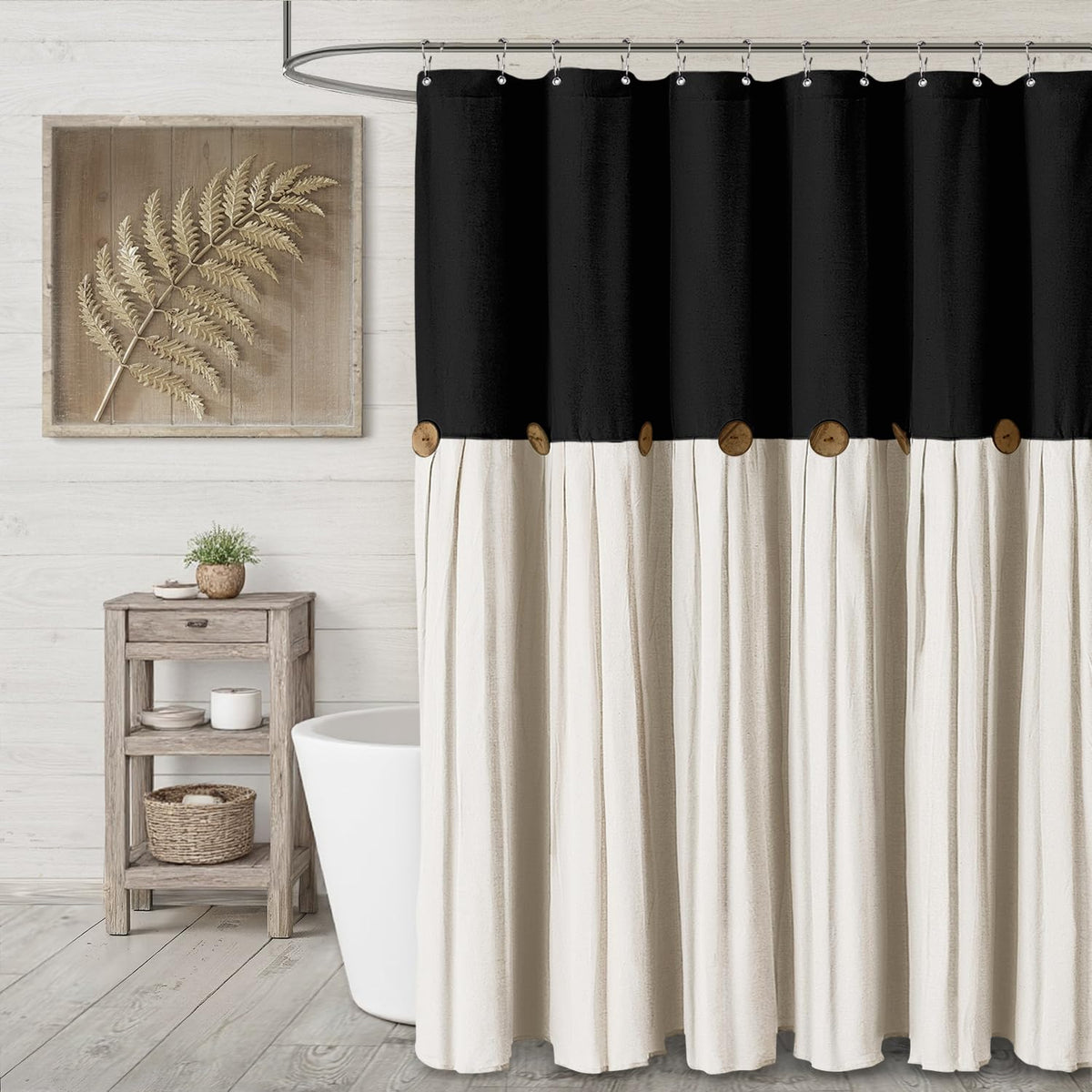 Farmhouse Shower Curtain Linen Beige Button Brown Stripe 72"W x 72"L