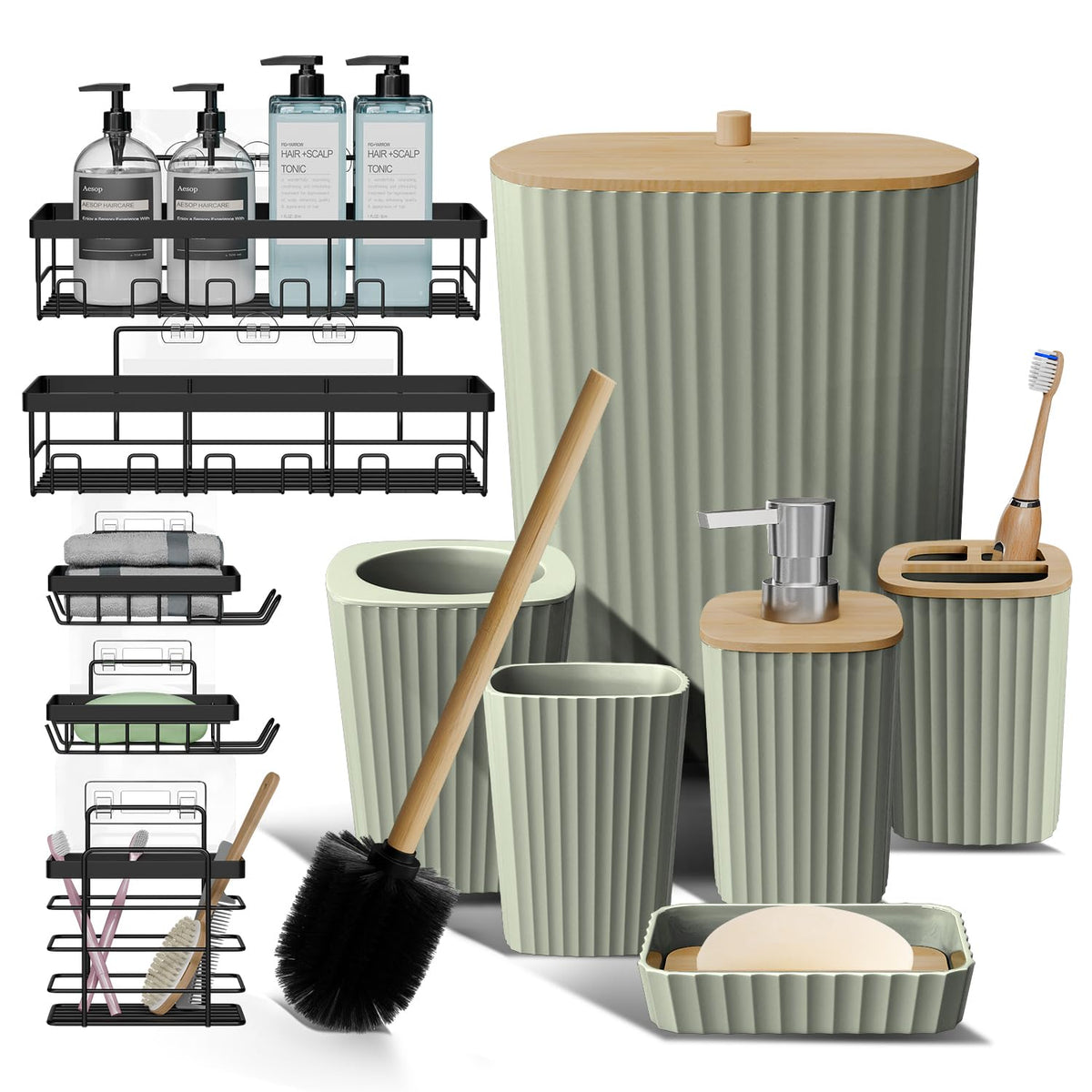Clara Clark Bathroom Set - Sage Green Bathroom Accessories Set, 6PC Bathroom Accessory Set, Bathroom Sets with Toilet Brush, Trash Can & Soap Dispenser