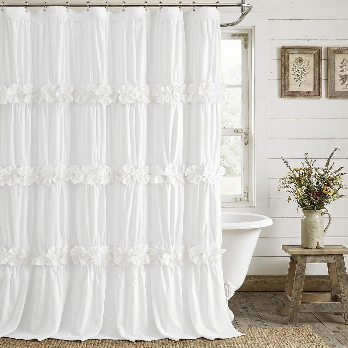 Boho Ruffle Farmhouse Fall Linen Shower Curtain Vintage Cream 72" W x 72" H