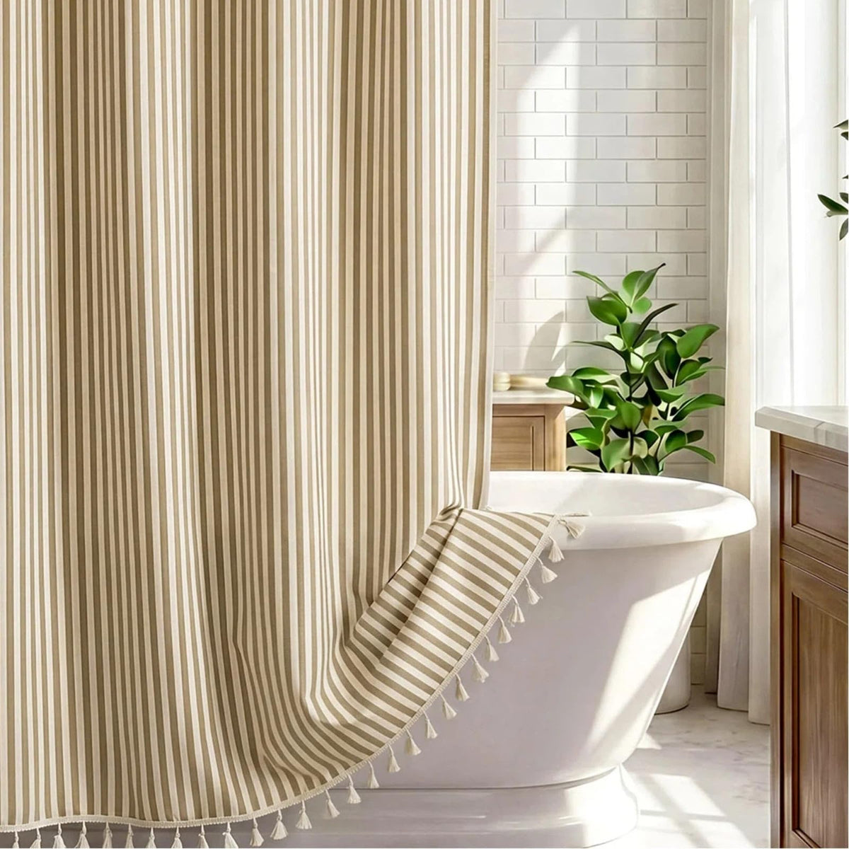 HunnmingRe Sage Green Farmhouse Striped Shower Curtain Tasseled 72x72 Inch