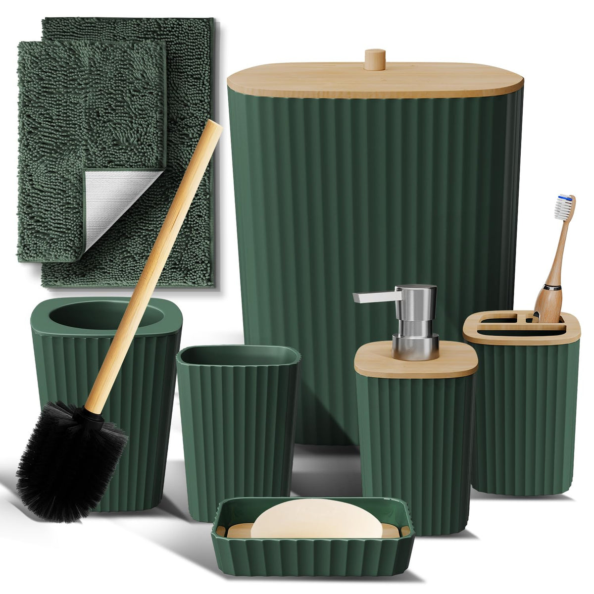 Clara Clark Bathroom Set - Sage Green Bathroom Accessories Set, 6PC Bathroom Accessory Set, Bathroom Sets with Toilet Brush, Trash Can & Soap Dispenser