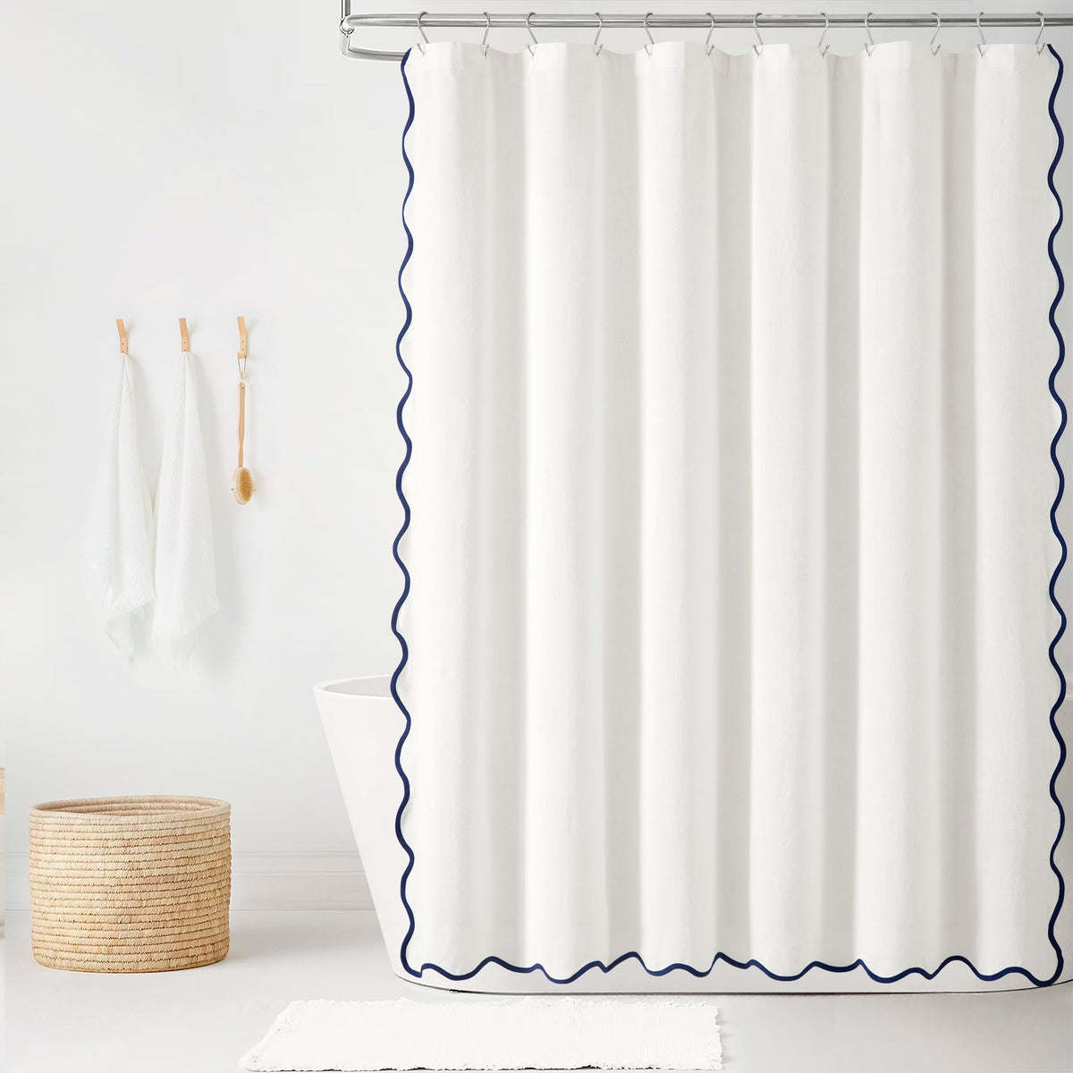 Lush Decor Coastal Chic Scallop Edge Linen-Textured Shower Curtain, Single 72" W x 72" L, Gray & White - Scalloped Shower Curtains - Coastal Bathroom Curtain