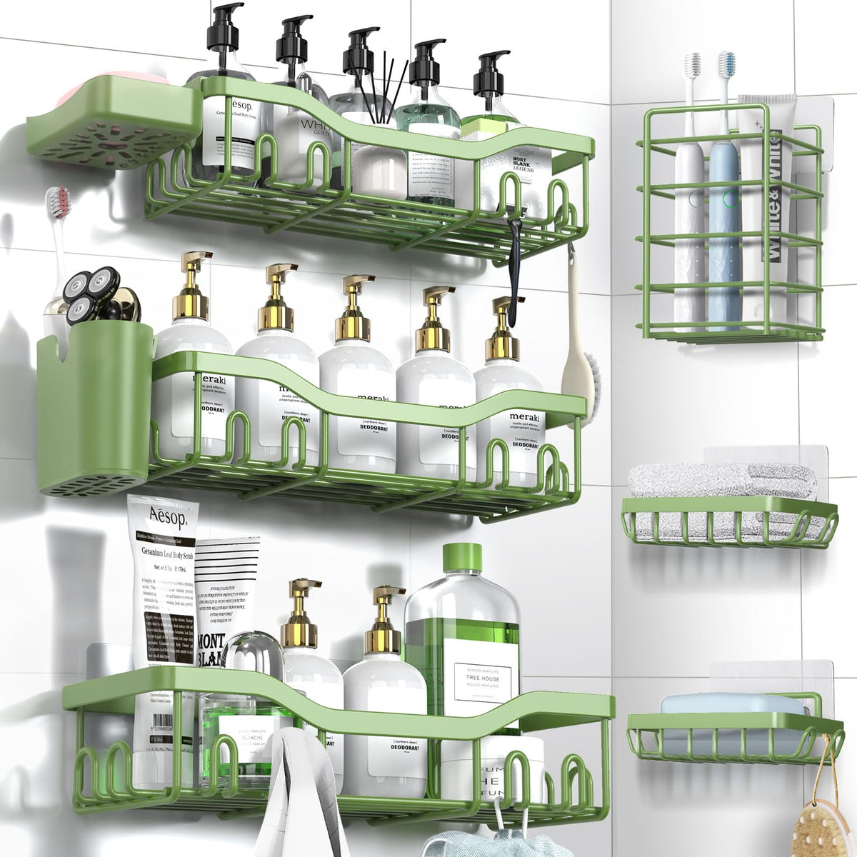 NESOMI Shower Caddy Adhesive Shower Organizer 7-Pack, Rustproof Stainless Steel Bathroom Shelves, Large Capacity No-Drill Rack Storage Accessories with Soap Dish Toothbrush Holder Hooks