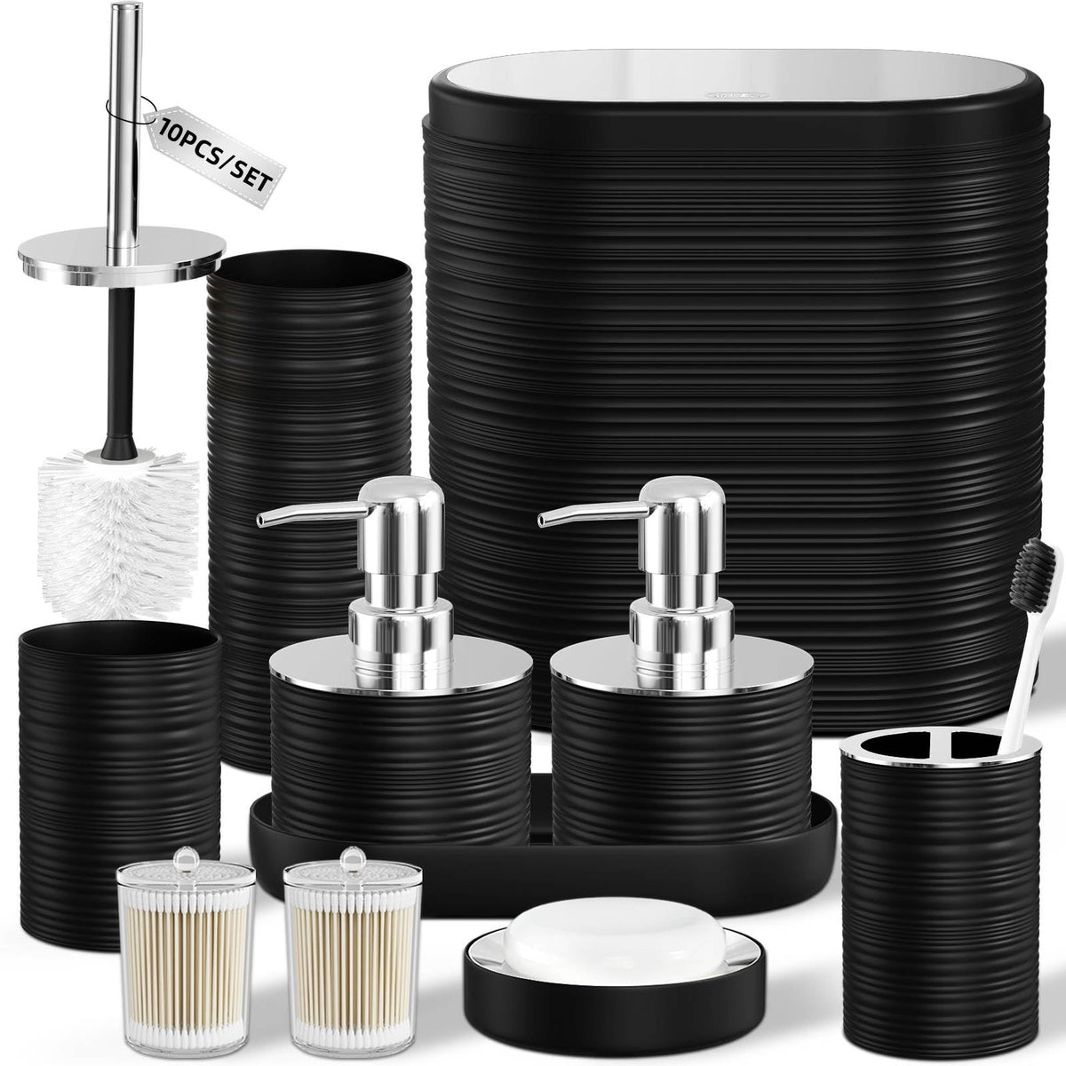 Bathroom Set, 10PC Bathroom Accessory Set, Black Bathroom Accessories, Black and Gold Bathroom Set with Trash Can, Soap Dispensers