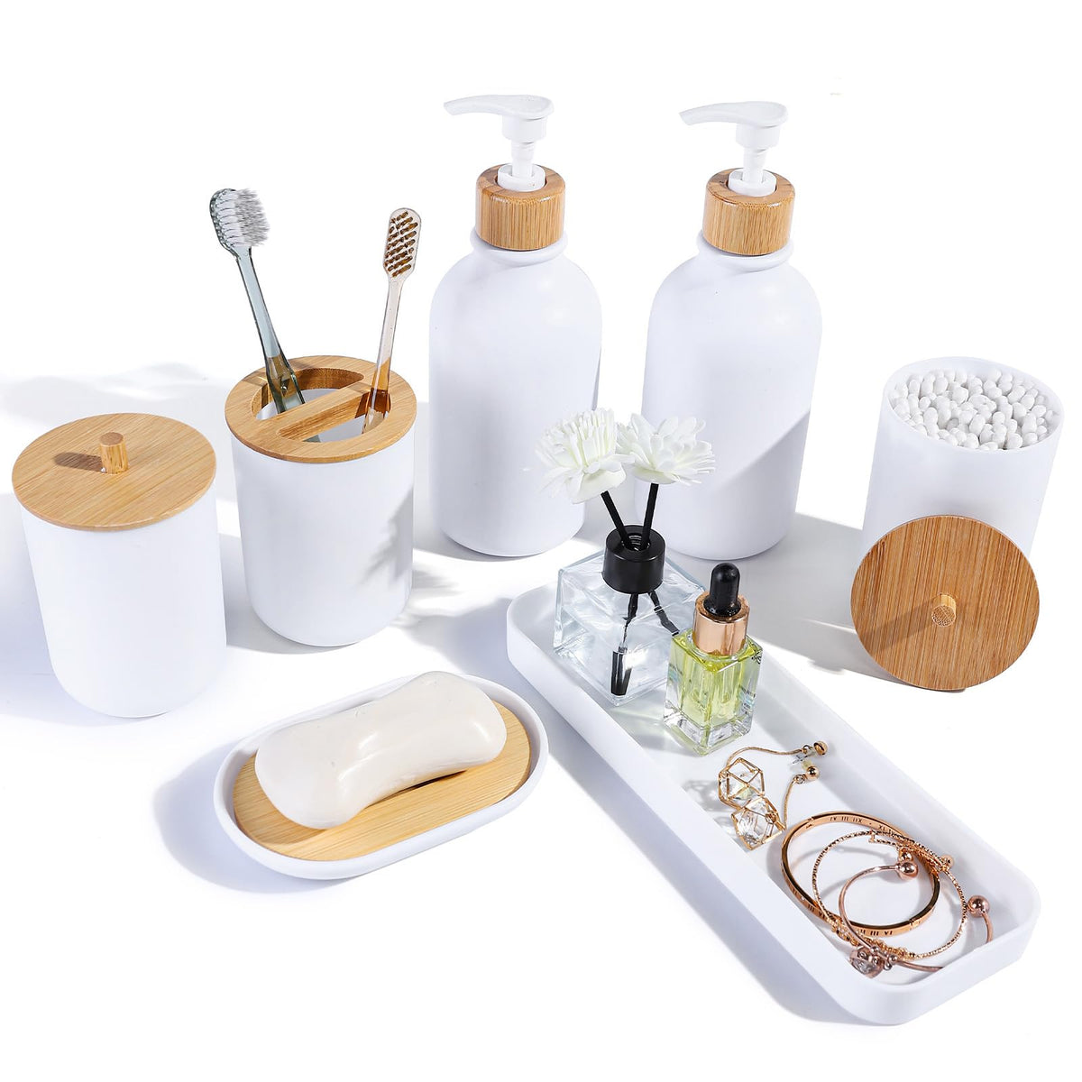 Matte Black Bathroom Accessories Set 7 Pcs,Bamboo Bathroom Accessories Sets,Black Soap Dispenser and Toothbrush Holder Set,Qtip Holder,Vanity Tray,Soap Dish,Modern Bathroom Decor