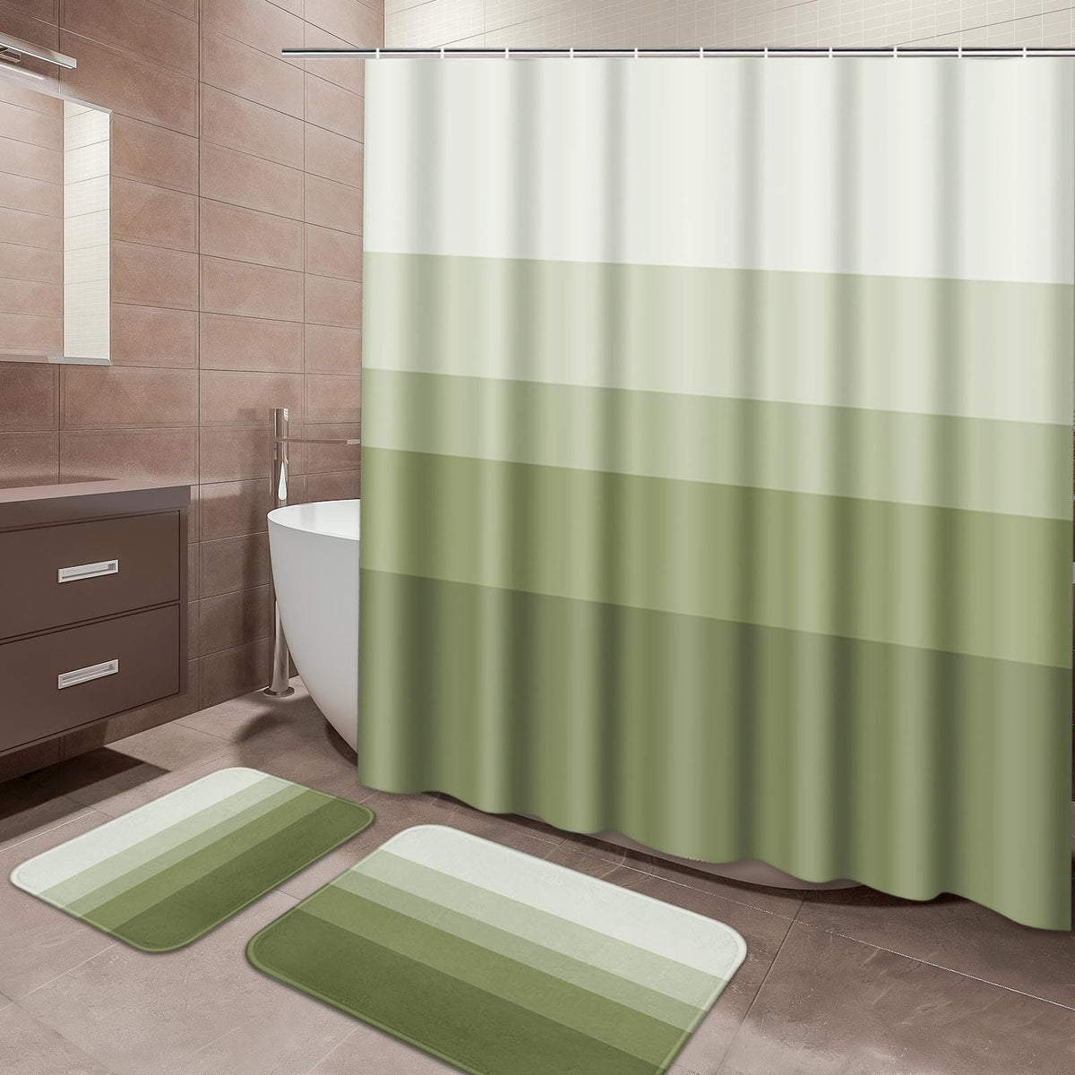 ArtSocket Bathroom Set of 3, Shower Curtain and Bath Rugs Beige Striped