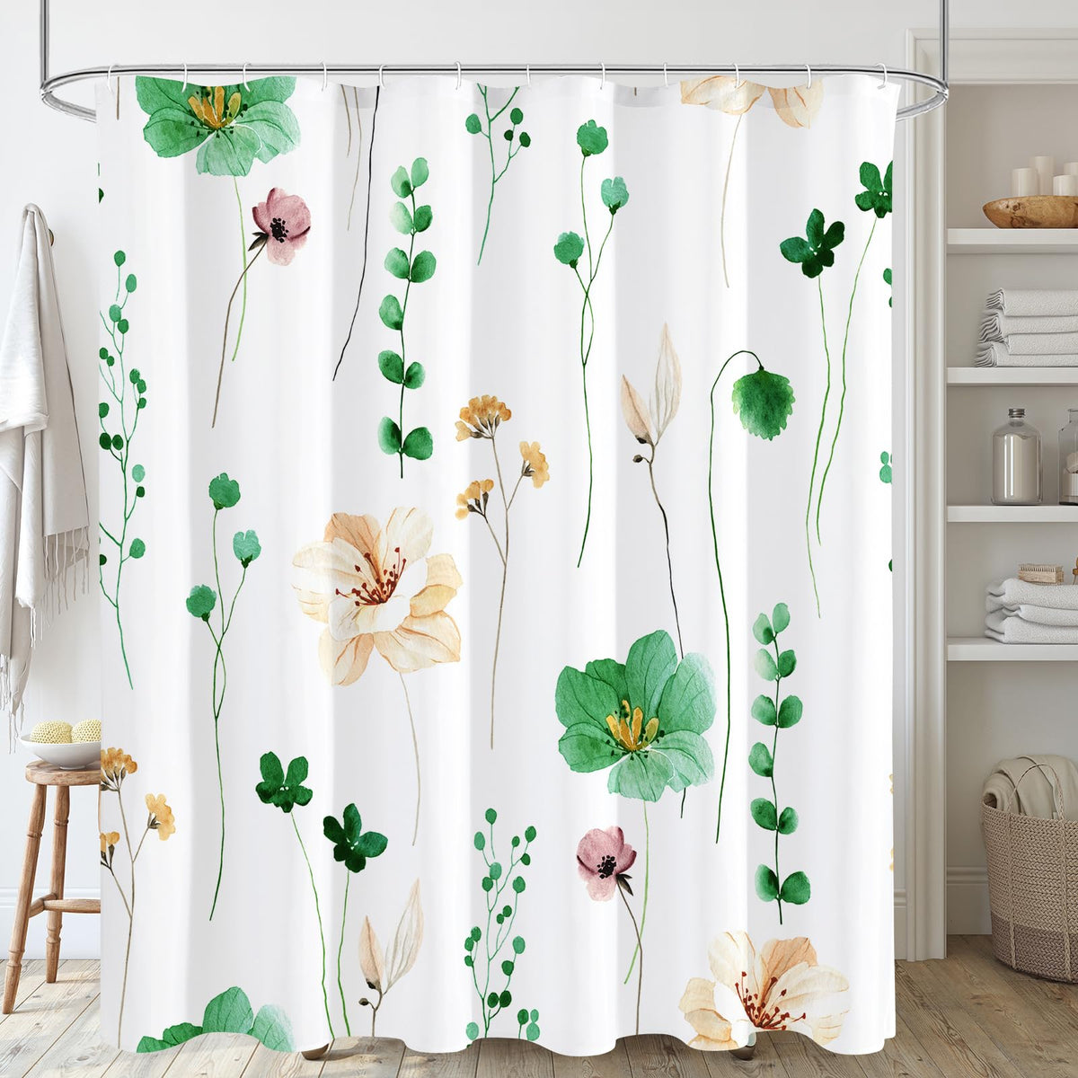 Gibelle Sage Green Beige Watercolor Floral Fabric Shower Curtain 72x72