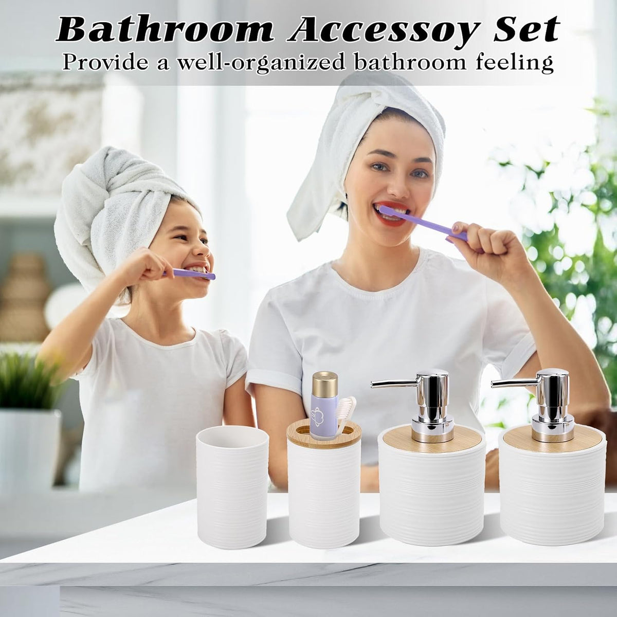 XLHOMO White Bathroom Set, White Bathroom Accessories Set with Trash Can, 2PCS Soap Dispensers, Soap Dish, Toothbrush Holder, Toothbrush Cup,Toilet Brush, Tray and Qtip Holders for Bathroom Decor
