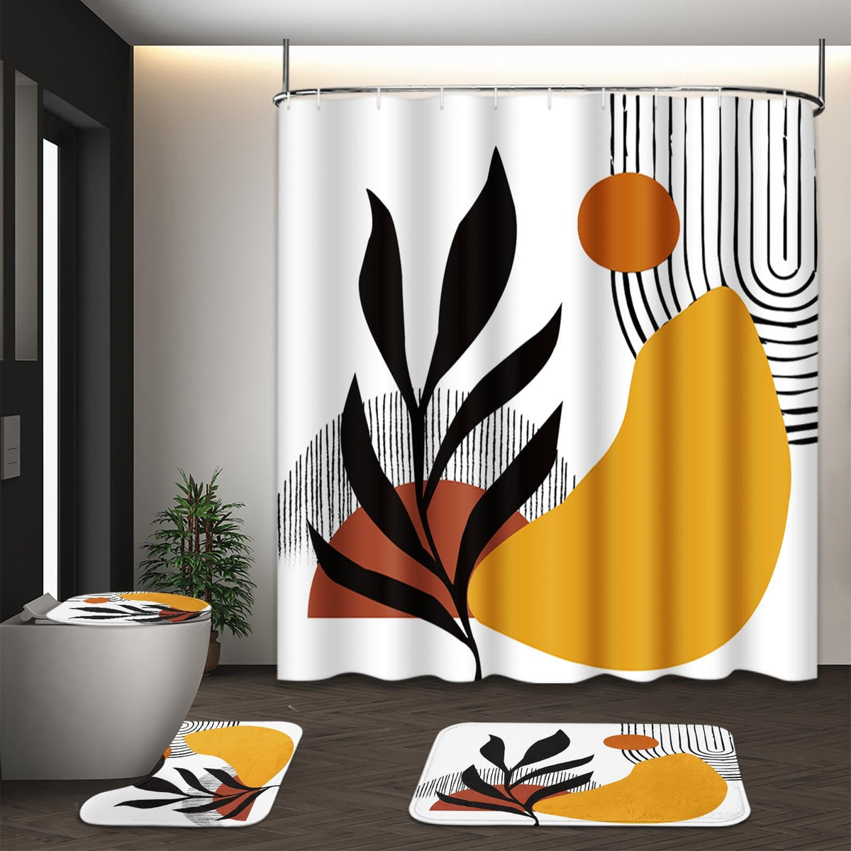 Bathroom Sets with Shower Curtain and Rugs, Set of 4, Boho Sage