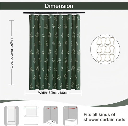 ORTIGIA Linen Shower Curtain 72 W x 84 L Farmhouse Vintage Dark Green Floral Long Shower Curtains Boho Rustic Block Print Cottagecore Decor for Bathroom