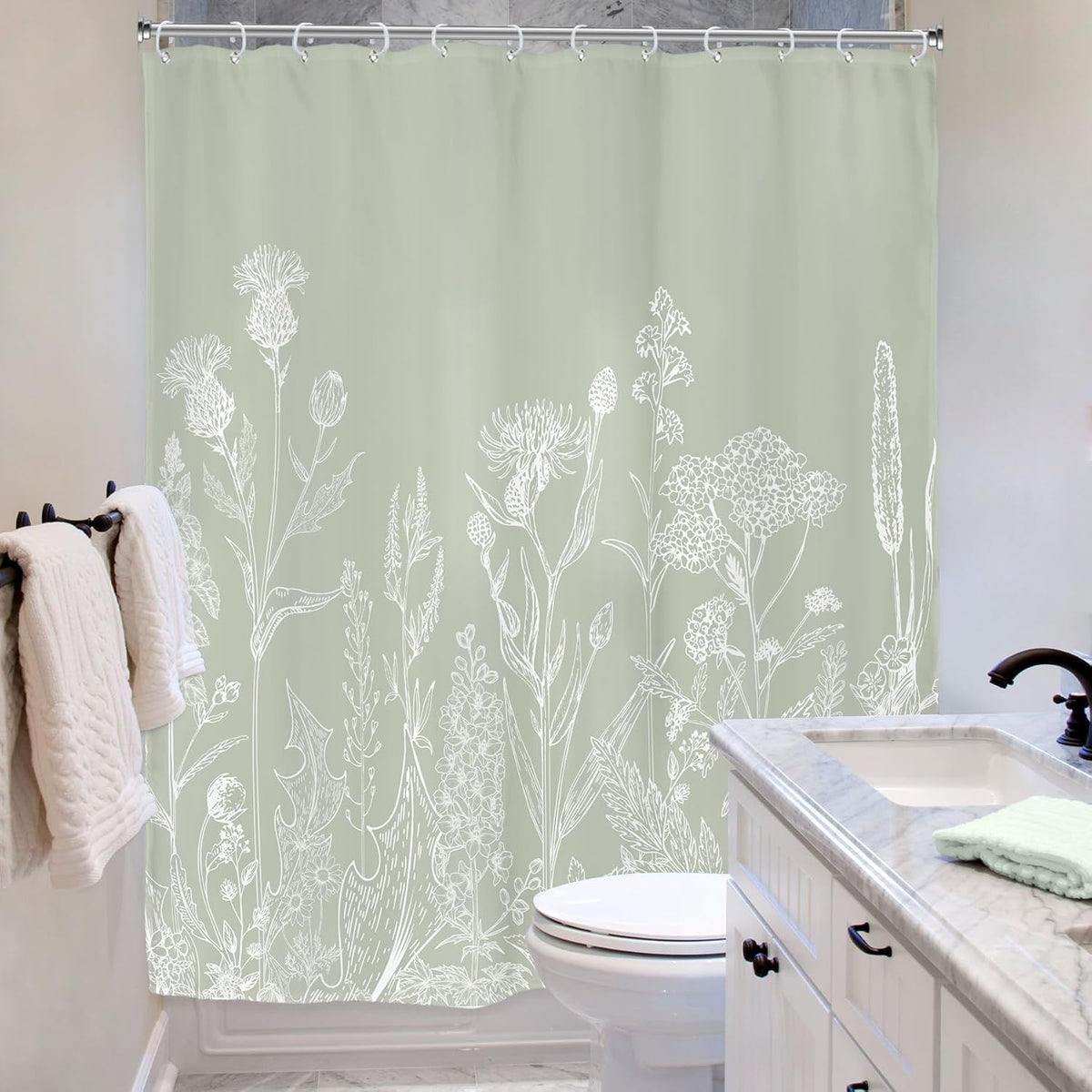 Sage Green Floral Wildflower Plant Herbs Nature Bathroom Shower Curtain Set