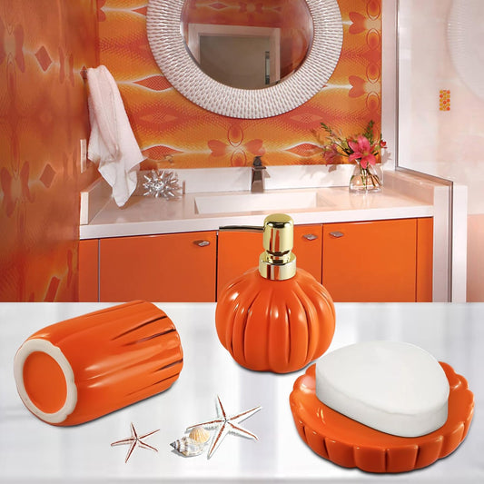 Halloween Pumpkin Bathroom Accessories Set, Orange Bathroom Fall Decor, 3PC Ceramic Bathroom Sets Complete, Toothbrush Holders, Soap Dispenser, Soap Dish, Bathroom Organizer for Countertop