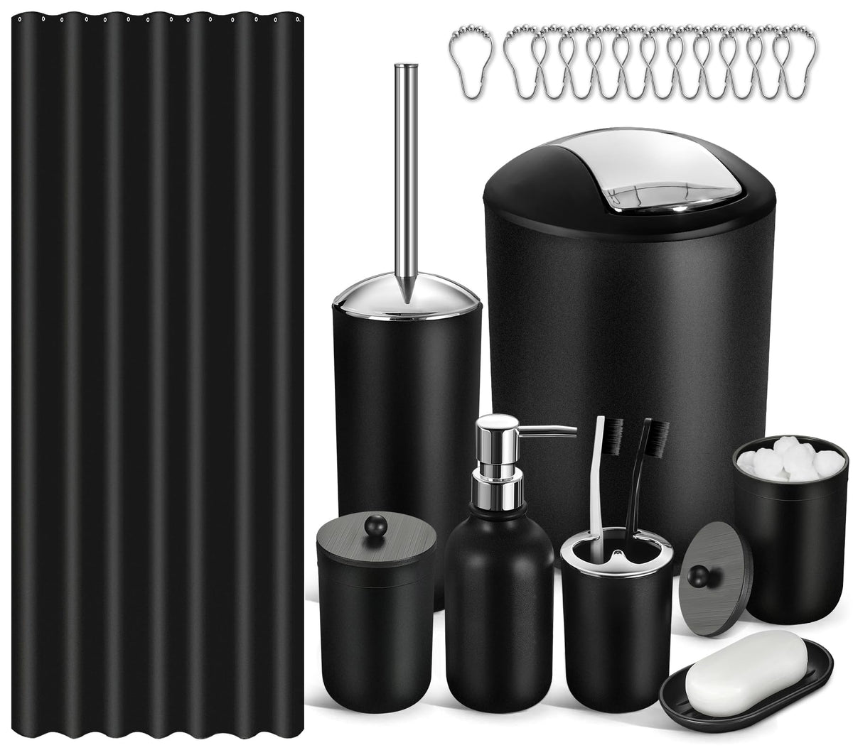 Black Bathroom Accessories Set, 10Pcs Bathroom Accessory Set with Trash Can, Soap Dispenser and Toothbrush Holder, Soap Dish, Cotton Ball & Qtip Holder, Toilet Brush Holder, Tissue Box Cover