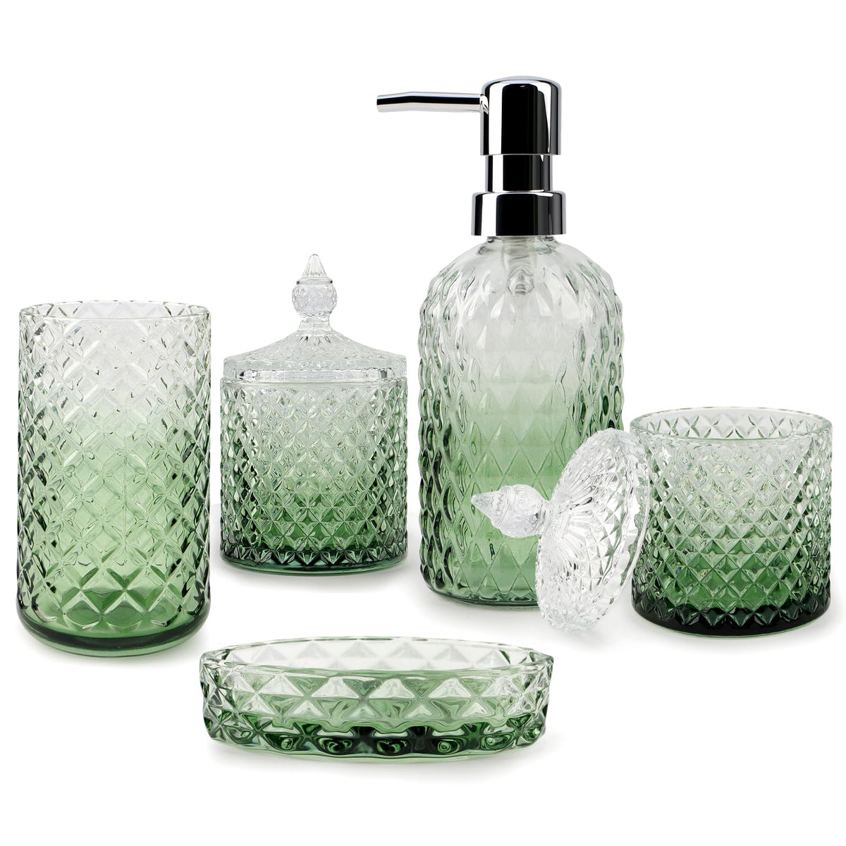 5Pcs Glass Bathroom Accessories Set,Green Vintage Bathroom Accessory Set