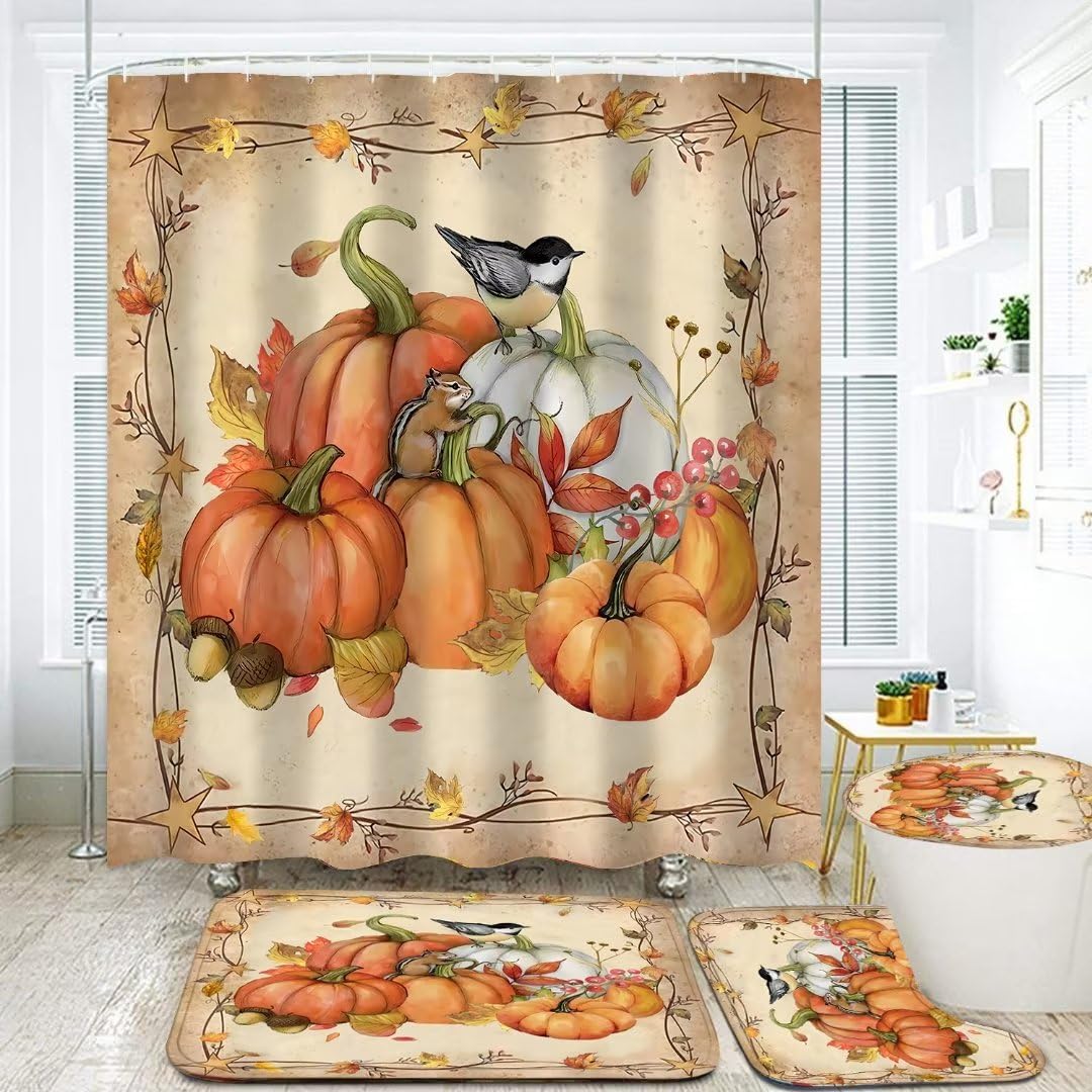 LQCOOL 4pcs Boho Shower Curtain Set with Rugs Green Leaf Bathroom Set