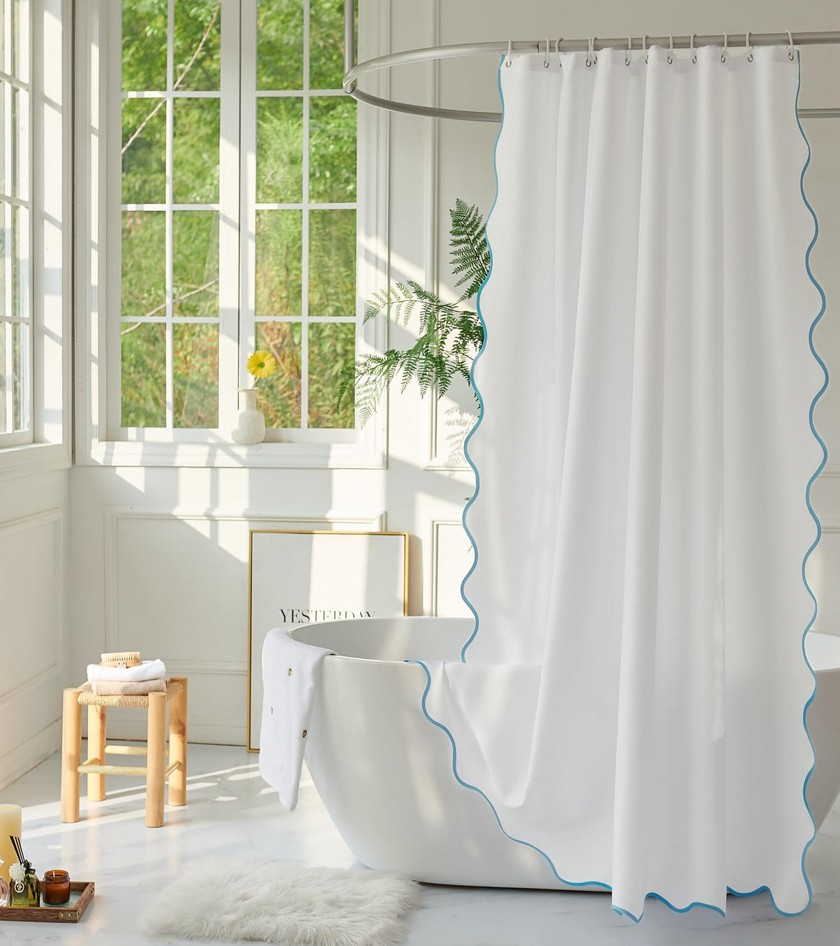 White Fabric with Water Blue Scalloped Border Shower Curtain,Boho Chic Cloth Shower Curtain for Bathroom Showers,72 x 72 Inches