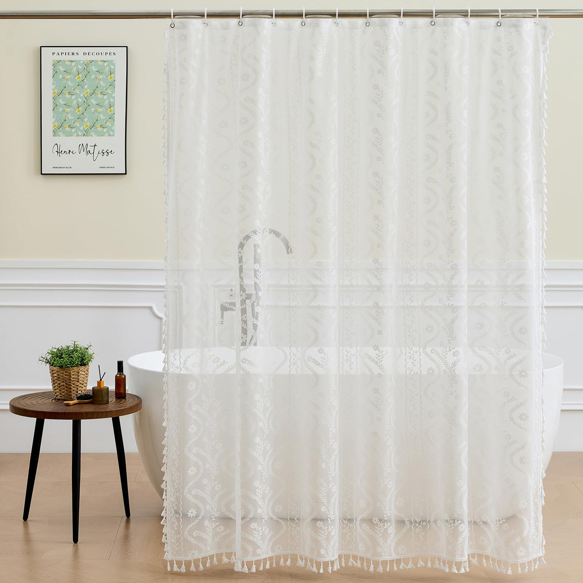 WAZZIO Terracotta Lace Shower Curtain for Bathroom 72" W x 84" L, Victorian Farmhouse Floral Pattern Tassel Fancy Shower Curtain Boho Washable Cloth Decorative Bath Curtains,1 Panel
