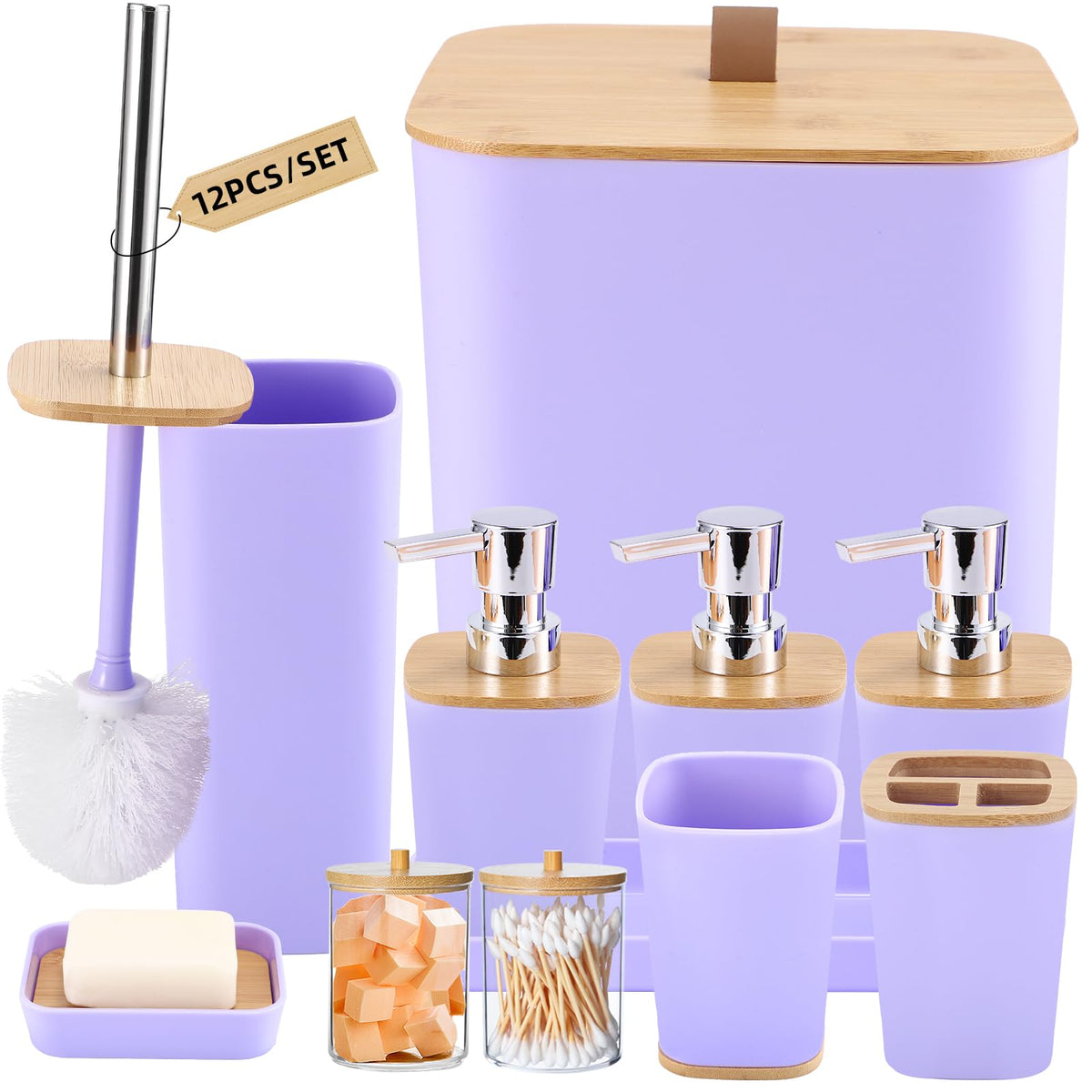 XLHOMO White Bathroom Set, White Bathroom Accessories Set with Trash Can, 2PCS Soap Dispensers, Soap Dish, Toothbrush Holder, Toothbrush Cup,Toilet Brush, Tray and Qtip Holders for Bathroom Decor