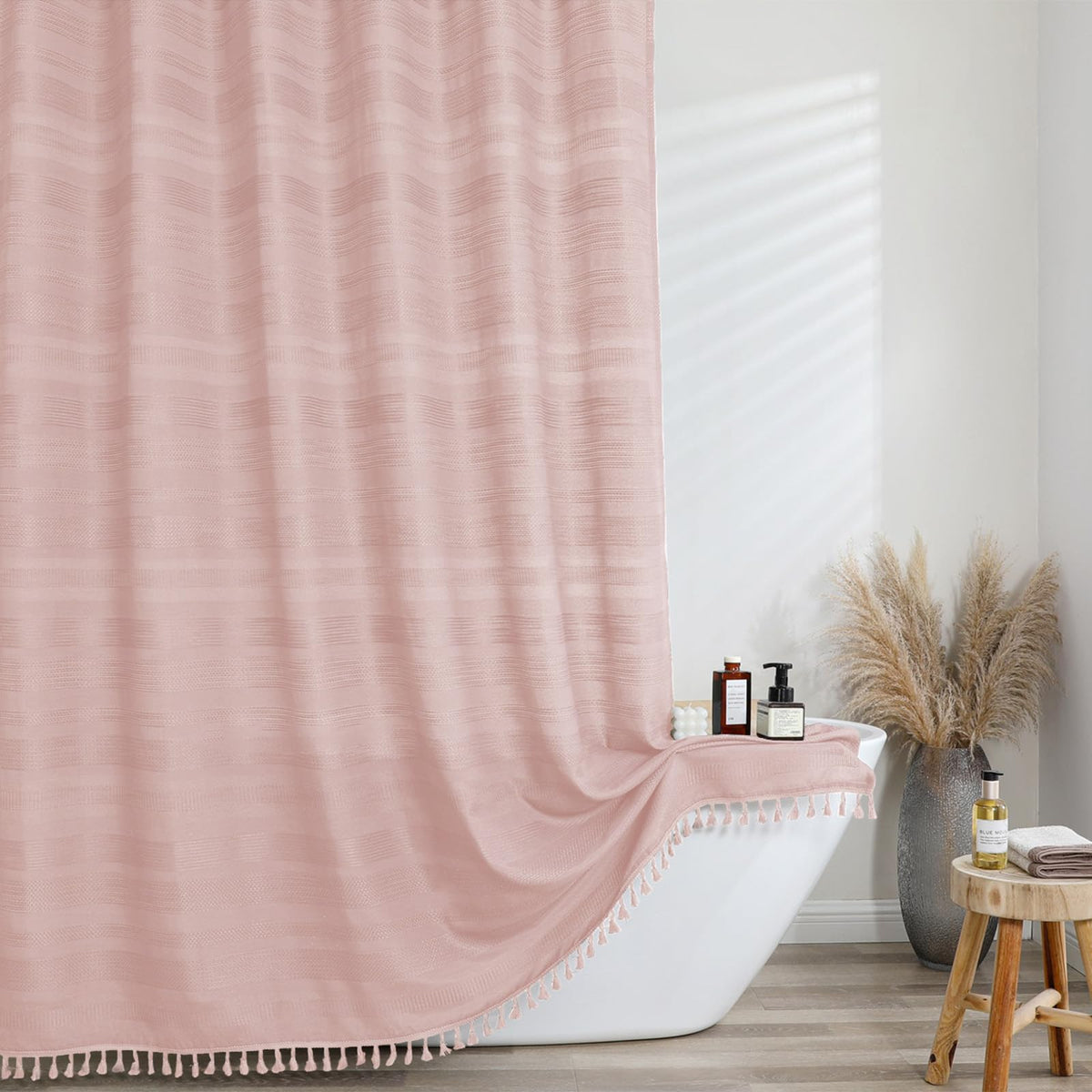 OVZME Extra Long Linen Shower Curtain - 84 Inch Long, Modern Farmhouse Heavy Duty Textured Soft Fabric, Rustic Country Boho Cloth Shower Curtain with Tassel for Bathroom Hotel, 72Wx84L Inches