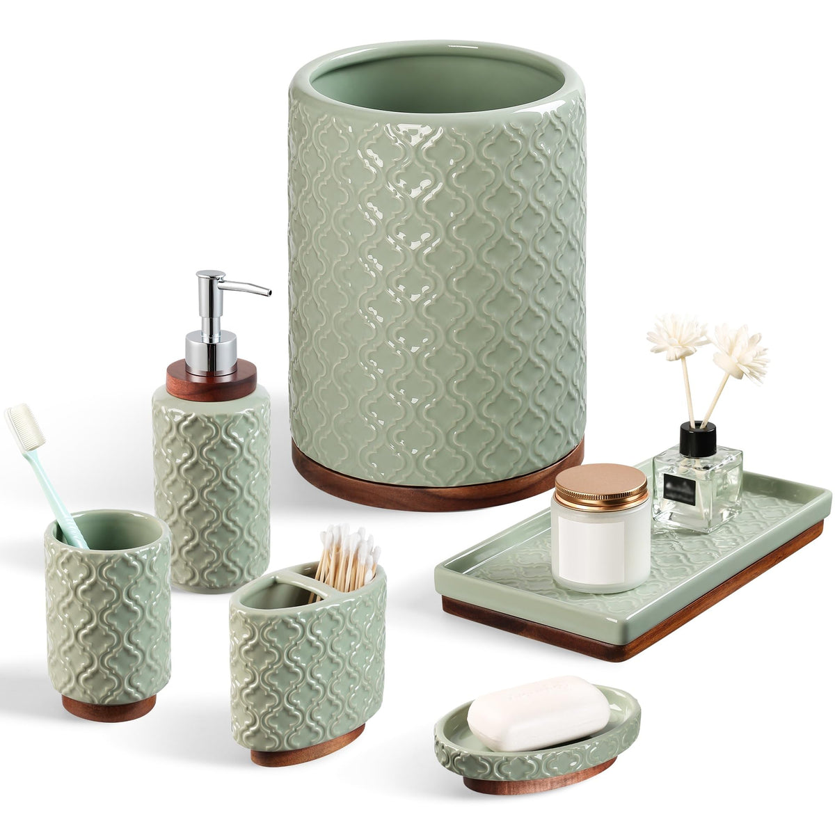 RQYIXI Ceramic Bathroom Accessories Set,White,4 Piece,Embossed Design