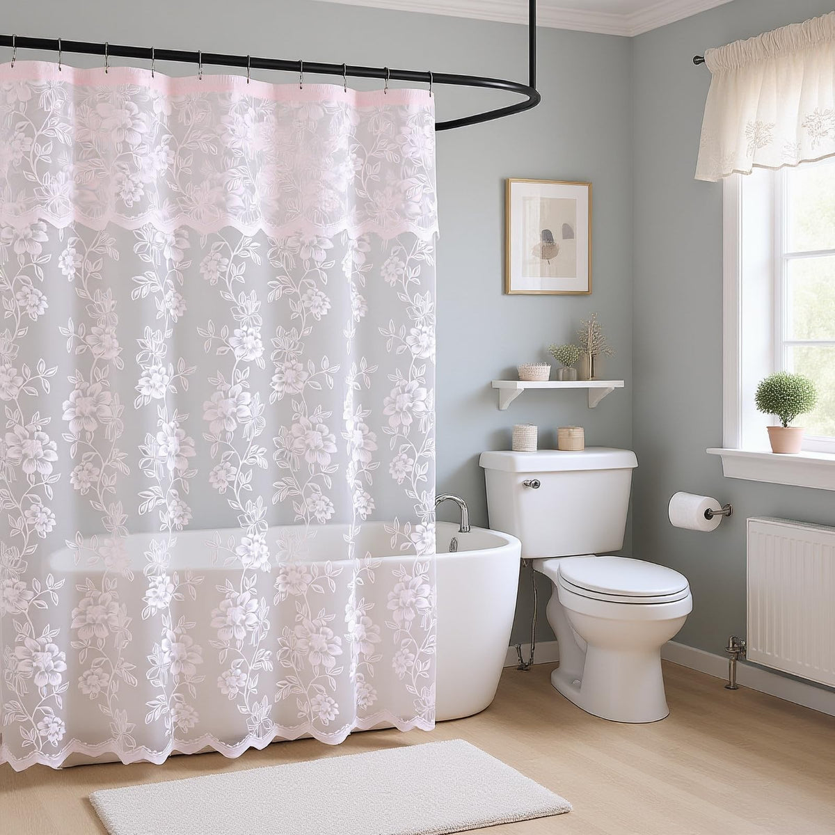Ivory Lace Shower Curtain with Attached Valance, 72 x 72 Inch 1 Panel