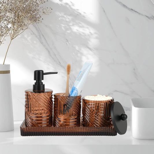Bathroom Accessories Set,4 Pcs Amber Glass Bathroom Accessories Sets Complete with Lotion Soap Dispenser,Toothbrush Holder,Qtip Holder Dispenser and Vanity Tray,Bathroom Countertop Vanity Organizer