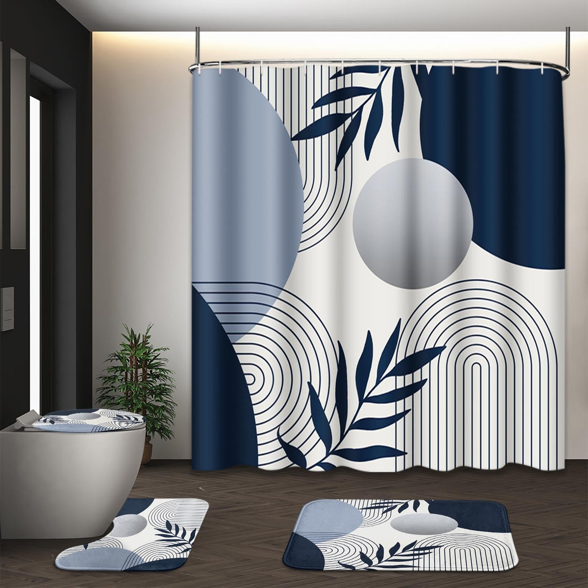 Bathroom Sets with Shower Curtain and Rugs, Set of 4, Boho Sage