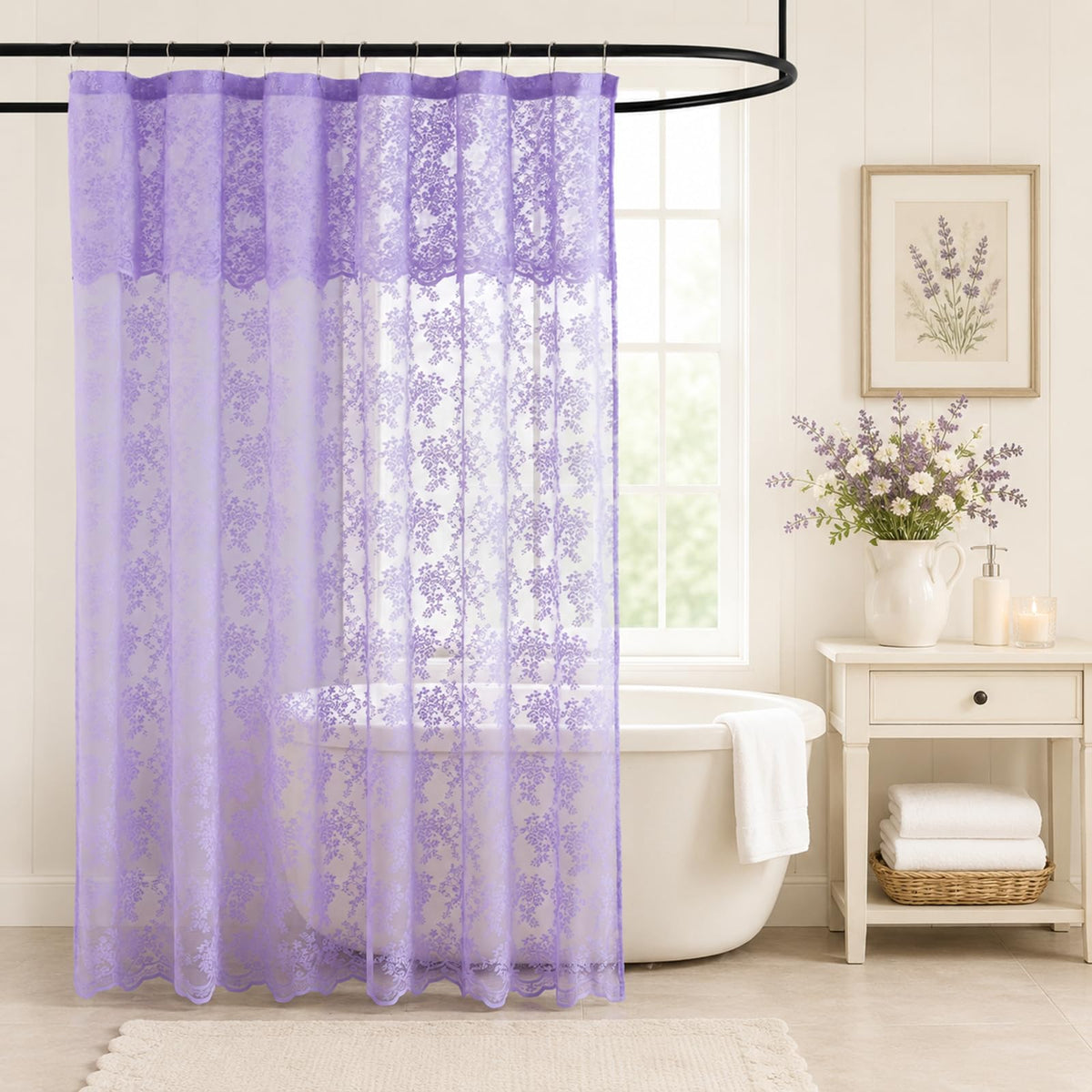 Ivory Lace Shower Curtain 72x72, Vintage Shabby Chic with Attached Valance
