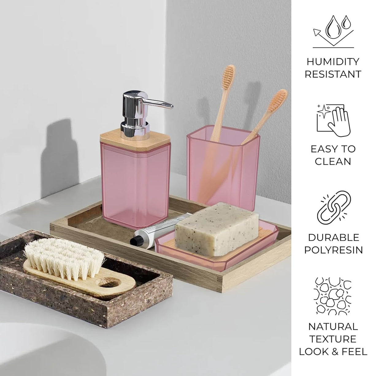 CERBIOR Bamboo Bathroom Accessories Set 7 Piece Bath Ensemble,Pink