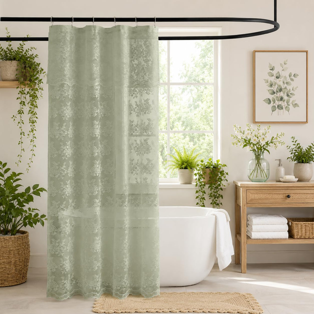TUDECO Black Lace Shower Curtain with Valance, Gothic Style, 72 x 72 Inch