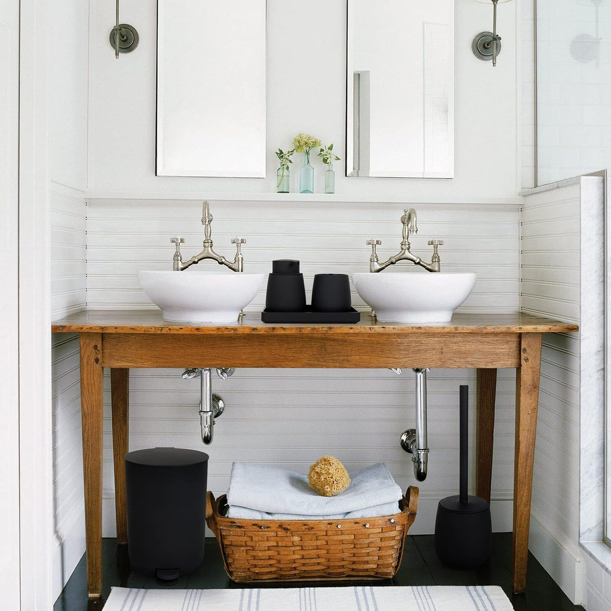 GAHEFY Black Bathroom Accessories Set with Small Trash Can 3 Liter/0.8 Gallon,Toothbrush Holder,Soap Dispenser,Vanity Tray,Toilet Brush and Holder Black 5pcs