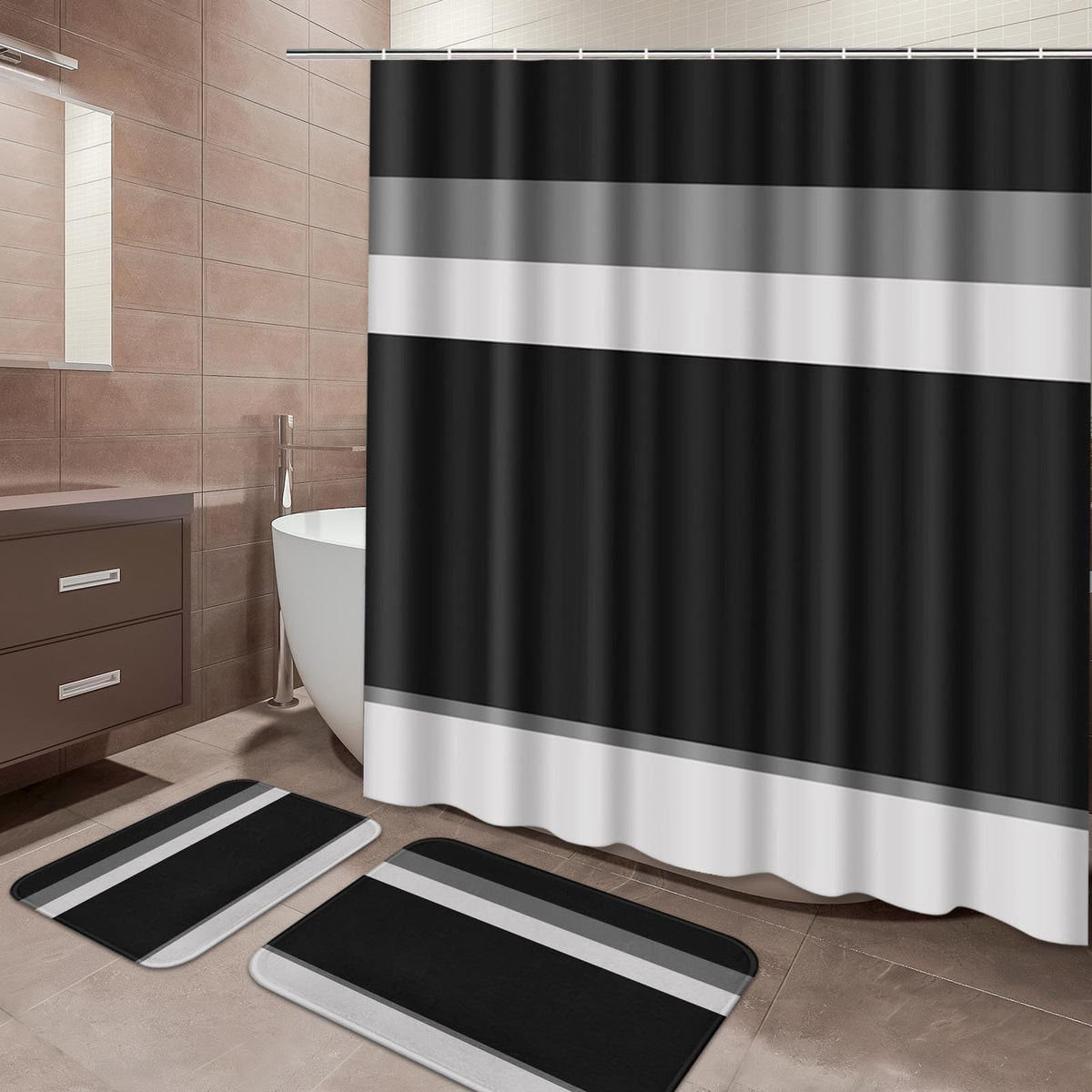ArtSocket Bathroom Set of 3, Shower Curtain and Bath Rugs Beige Striped
