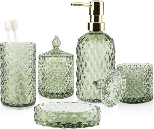 5Pcs Glass Bathroom Accessories Set,Green Vintage Bathroom Accessory Set