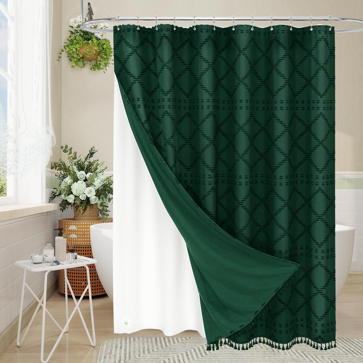 Blue Boho Woven Fabric Shower Curtain with Tassel 72 x 72, Tufted Textured
