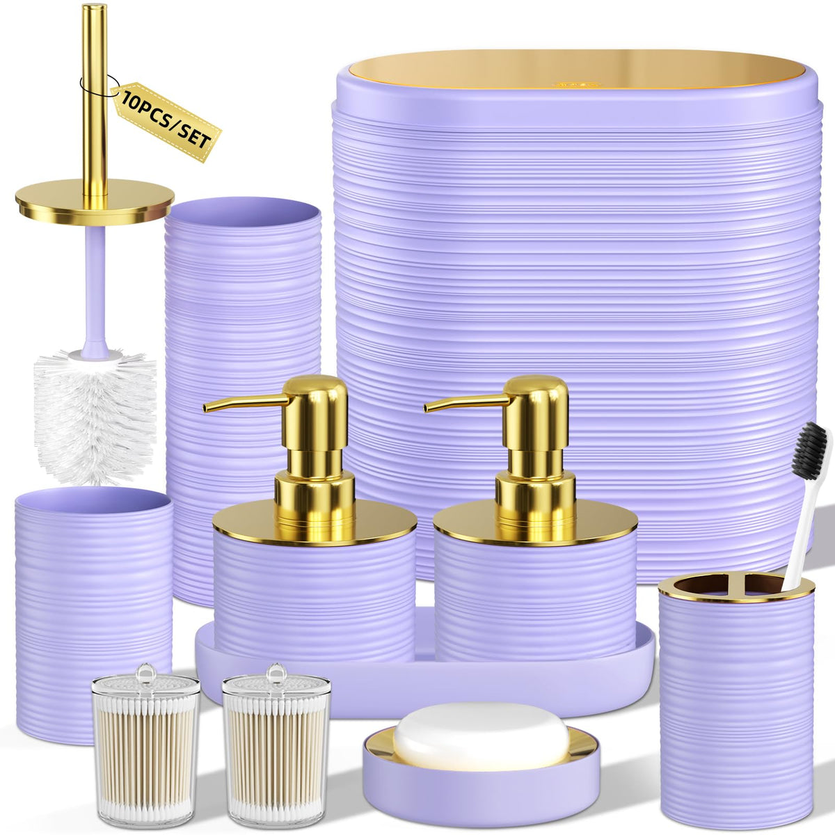 Bathroom Set, 10PC Bathroom Accessory Set, Black Bathroom Accessories, Black and Gold Bathroom Set with Trash Can, Soap Dispensers