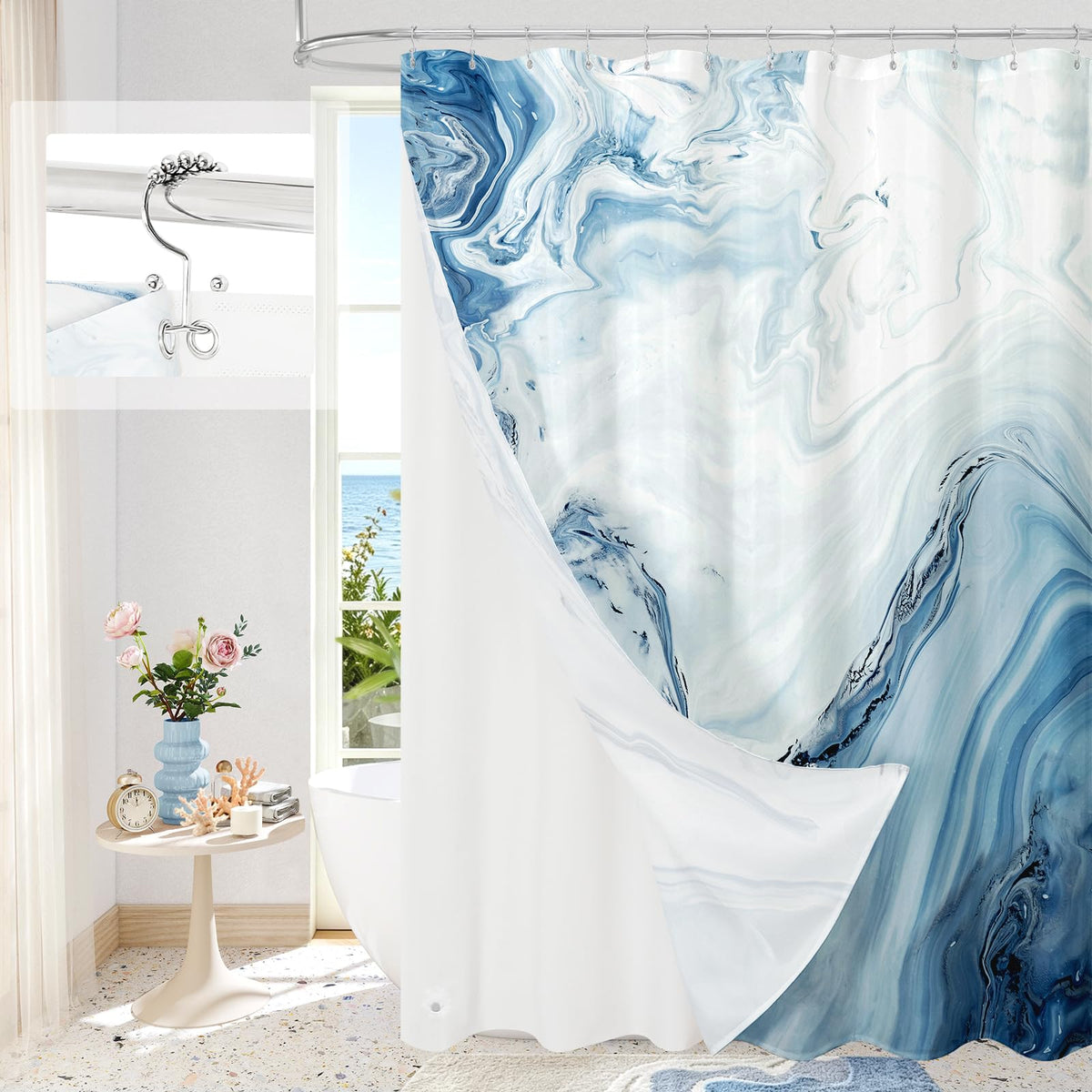 Blue Marble Fabric Shower Curtain, Abstract Watercolor, 72 x 72 Inches