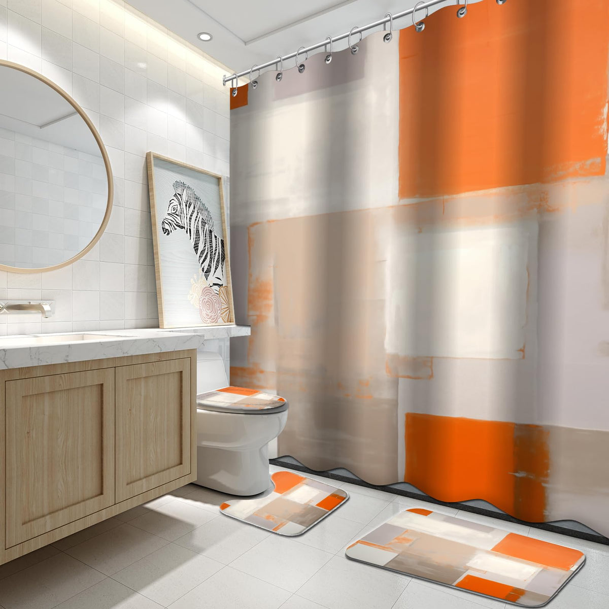 Lnond 4Pcs Bathroom Shower Curtain Sets with Rugs,Orange Modern Painting Art Bathroom Sets with Shower Curtain and Rugs and Accessories