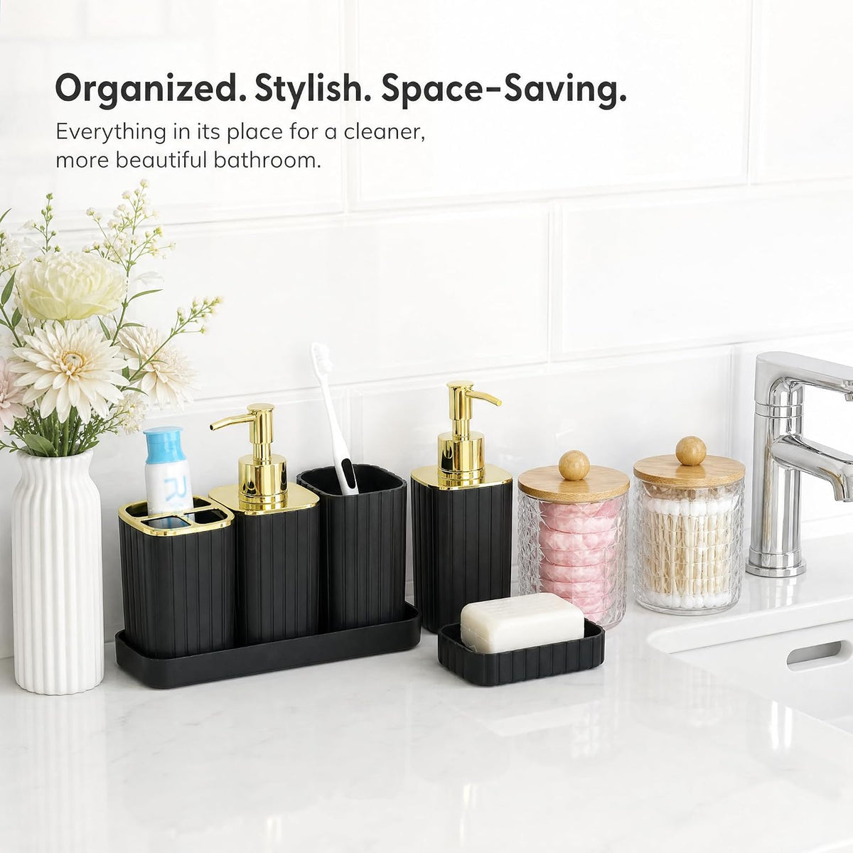 Bathroom Accessories Set, 10-Piece Black and Gold All-in-One Bathroom Set