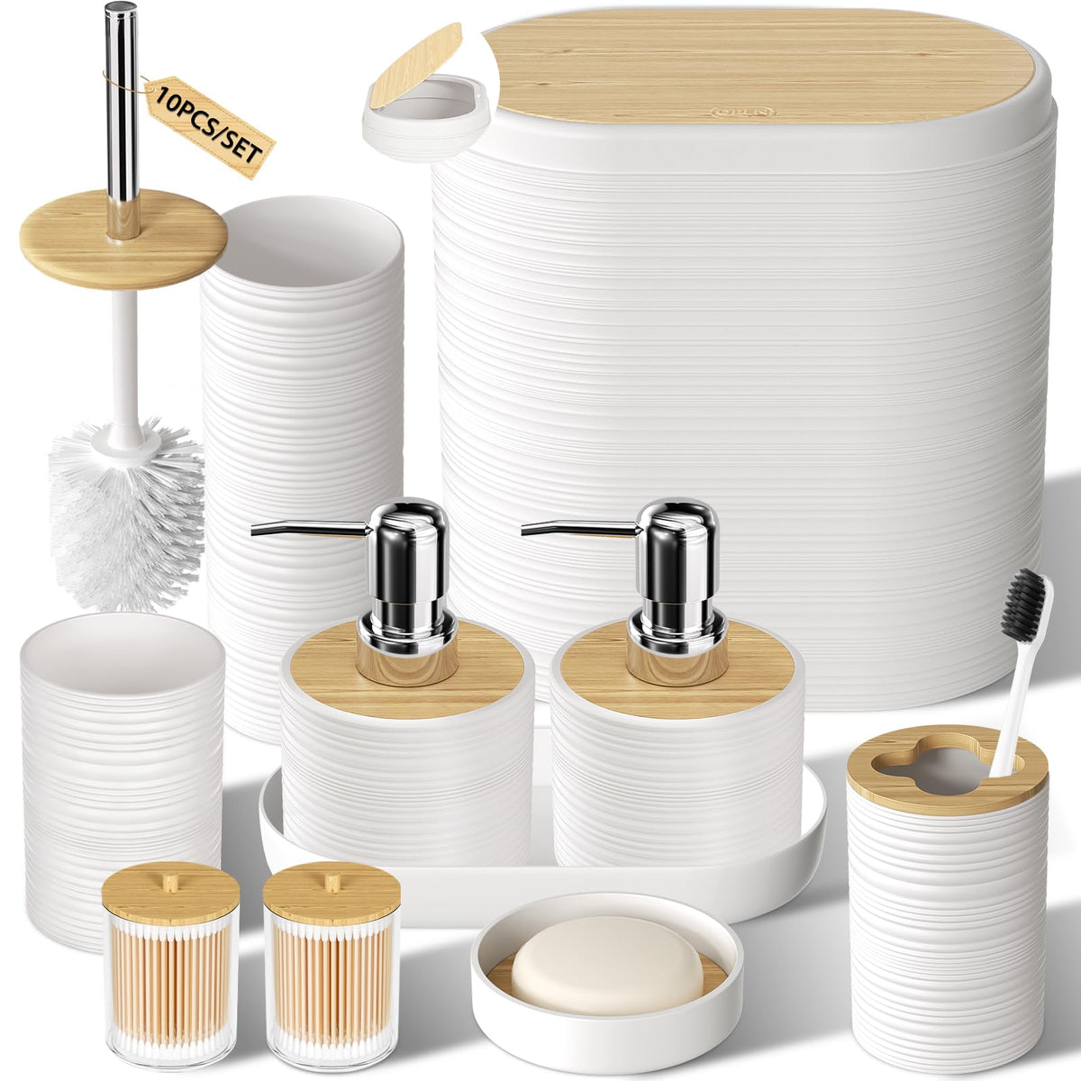 XLHOMO White Bathroom Set, White Bathroom Accessories Set with Trash Can, 2PCS Soap Dispensers, Soap Dish, Toothbrush Holder, Toothbrush Cup,Toilet Brush, Tray and Qtip Holders for Bathroom Decor