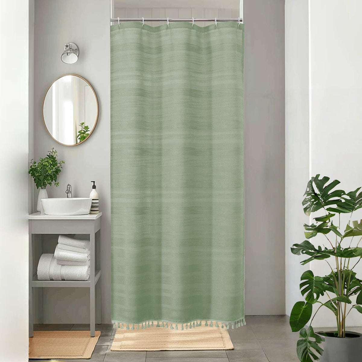 OVZME Extra Long Linen Shower Curtain - 84 Inch Long, Modern Farmhouse Heavy Duty Textured Soft Fabric, Rustic Country Boho Cloth Shower Curtain with Tassel for Bathroom Hotel, 72Wx84L Inches
