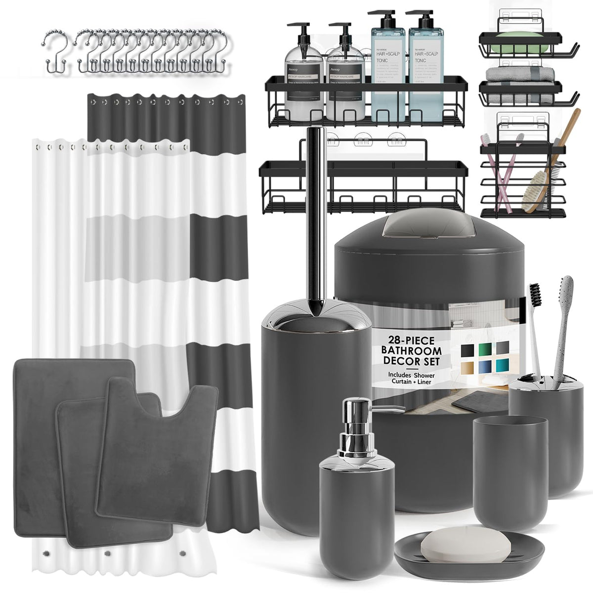 Clara Clark Bathroom Set - Navy Bathroom Accessories Set, 20PC Bathroom Accessory Set, Shower Curtain Set with Liner, Toothbrush Holder, Soap Dispenser, Soap Dish, Toilet Brush Holder, and Trash Can
